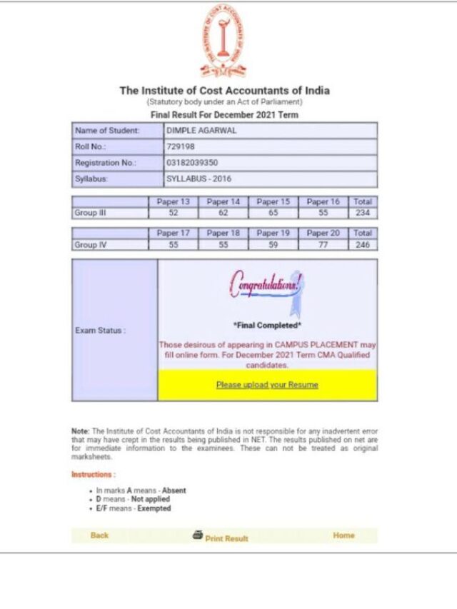 icmai result scorecard sample image